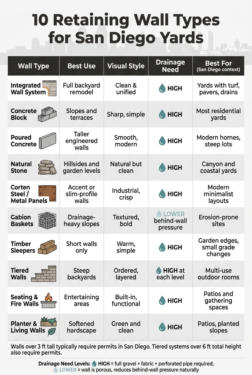10 Retaining Wall Types for San Diego Yards: Quick Comparison Guide
