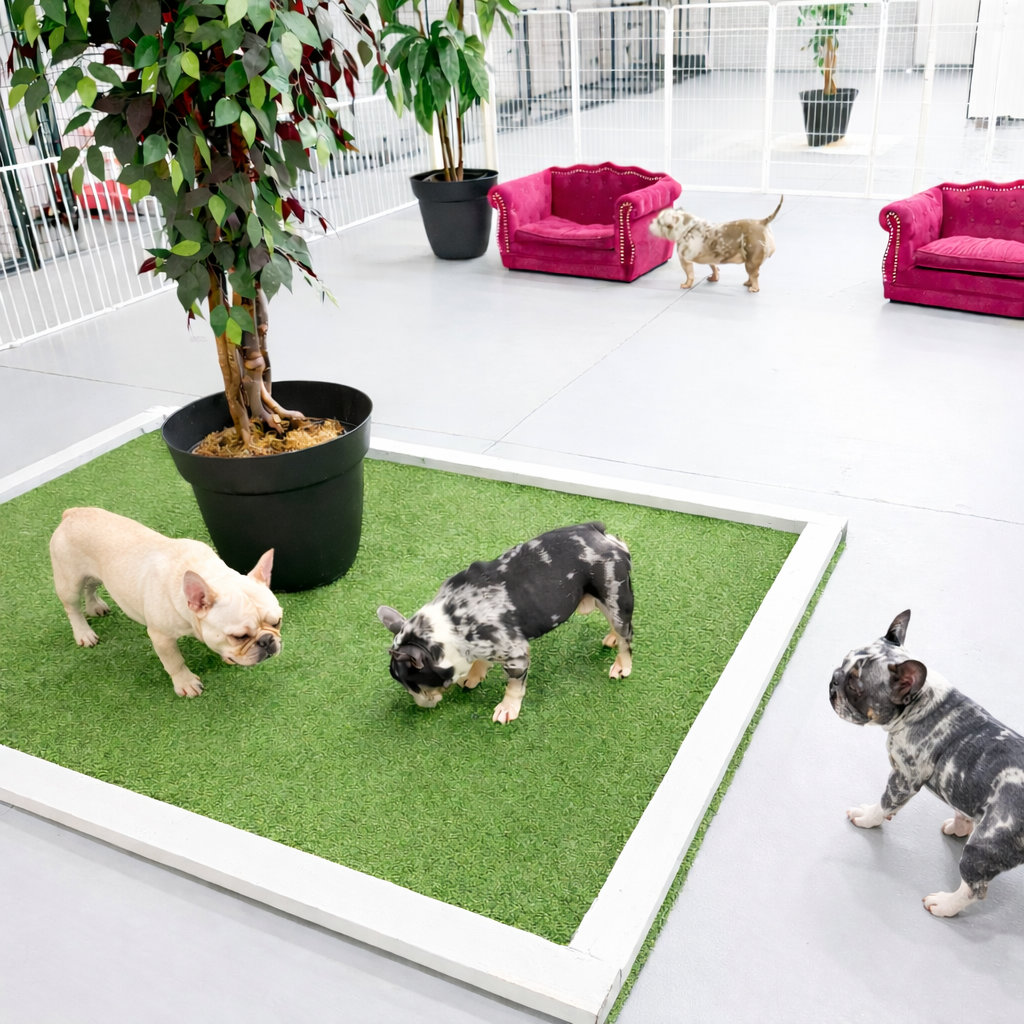3 french bulldogs and an american bully hanging out in the play area