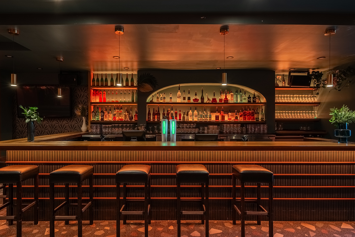 Bar moderne avec tabourets en cuir brun, étagères éclairées contenant diverses bouteilles d'alcool et deux plantes en vase aux extrémités.
