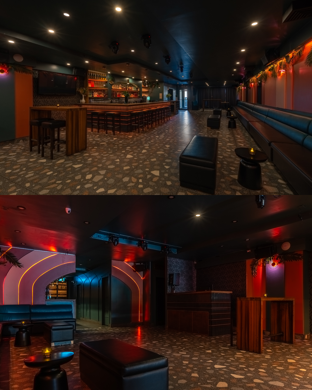 Intérieur d'un bar moderne avec un long comptoir en bois éclairé, des tabourets alignés, un mur de bouteilles, des canapés en cuir noir et un éclairage d'ambiance rouge et bleu.