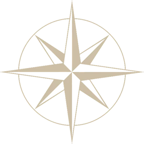Beige compass rose icon with eight main directional points inside a circular outline.