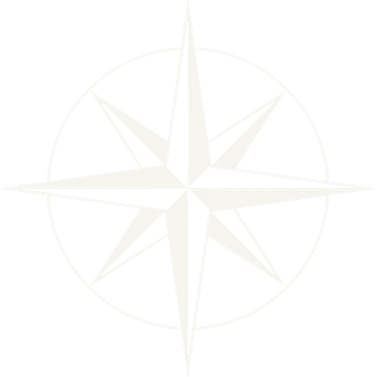 Eight-point compass rose with alternating beige and gray triangular points inside a thin circular border.