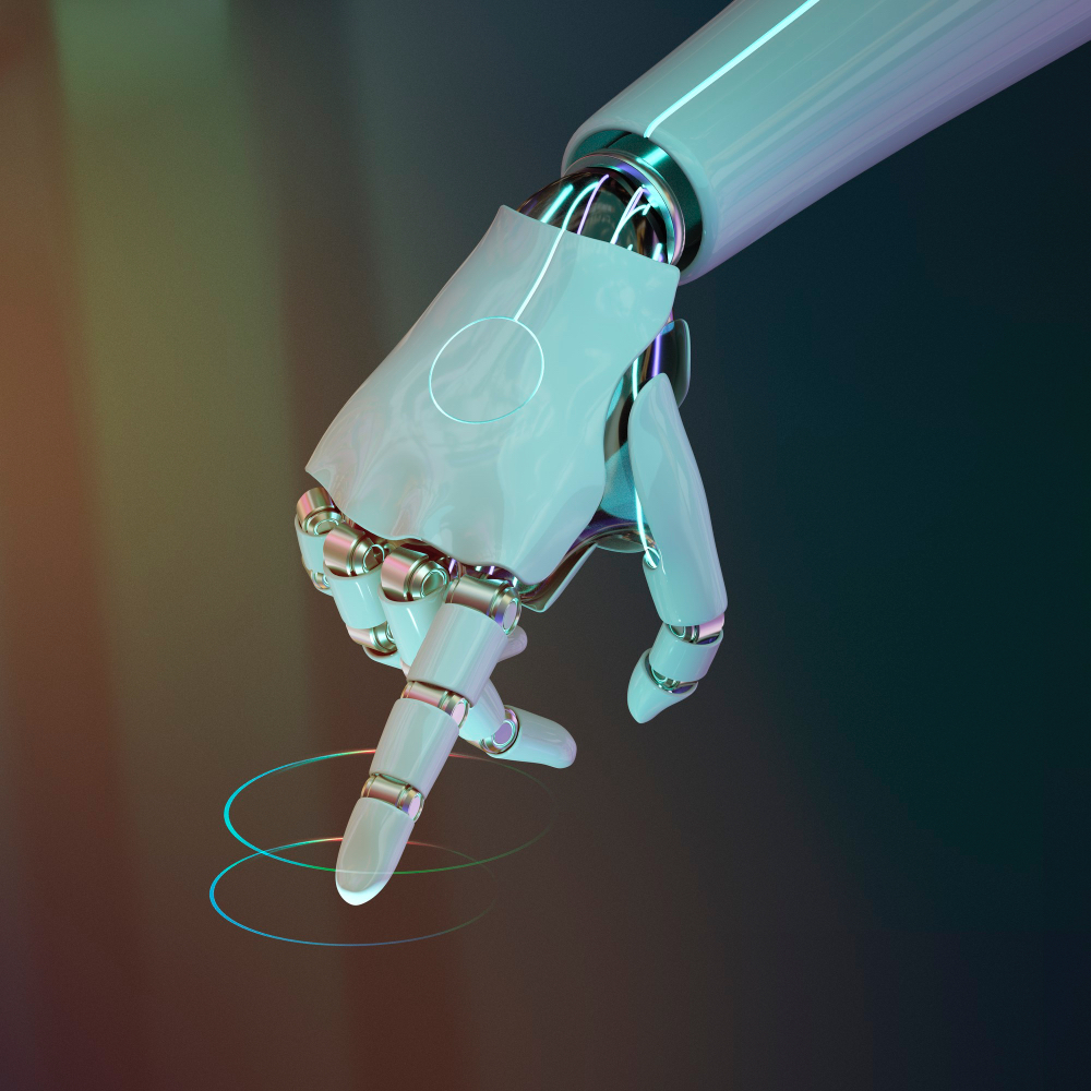 Robotic hand with glowing rings beneath the index finger against a dark background.