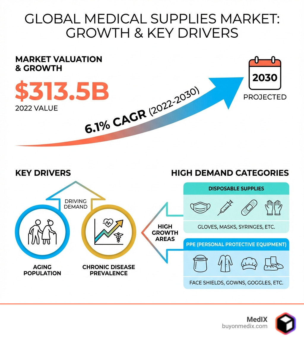 Infographic showing the global medical supplies market valued at $313.5 billion in 2022 with 6.1% CAGR projected through 2030, key drivers including aging population and chronic disease prevalence, and high demand categories like disposable supplies and PPE - medical supplies supplier infographic 