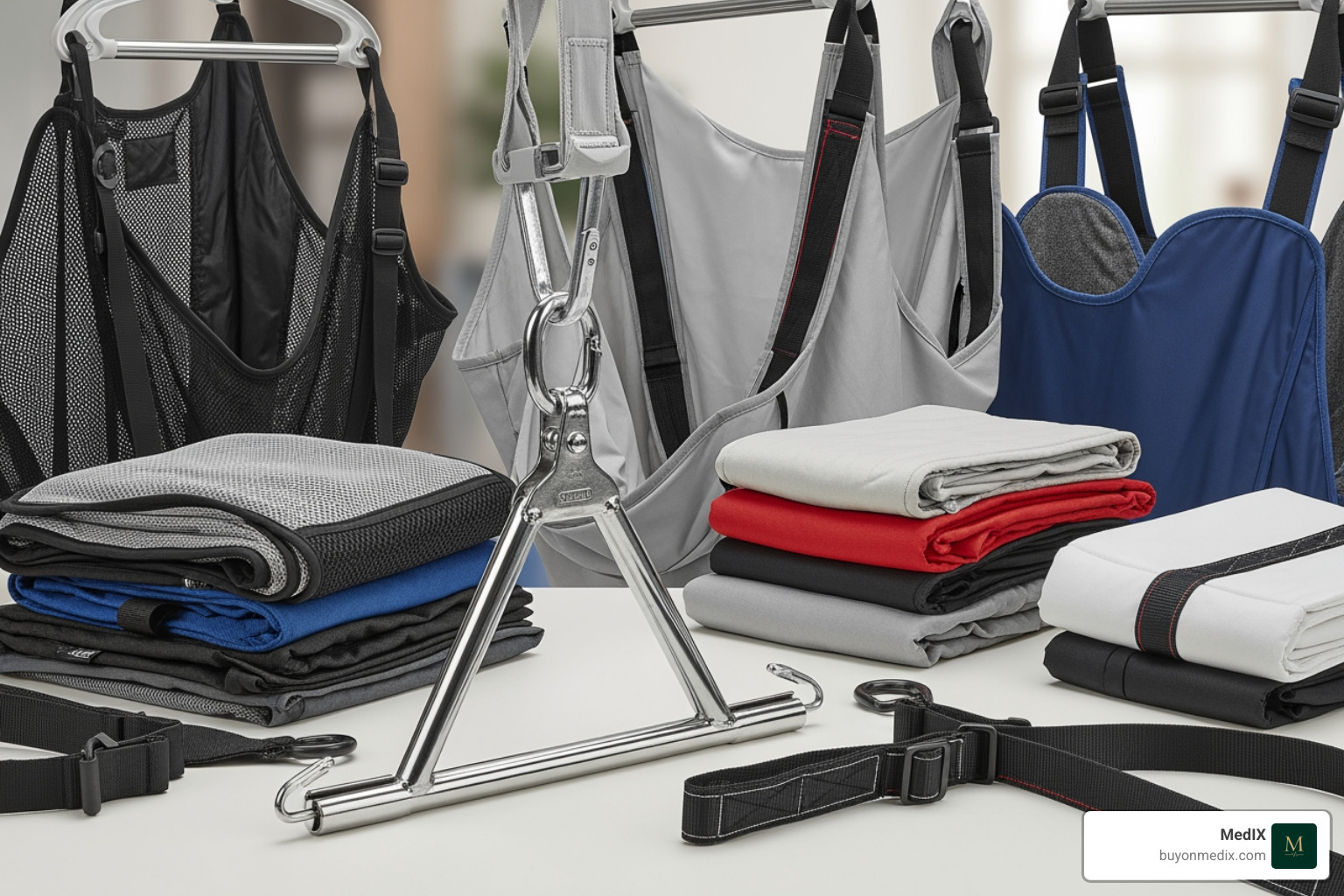 A close-up of various patient lift slings and a 4-point spreader bar - patient lift systems