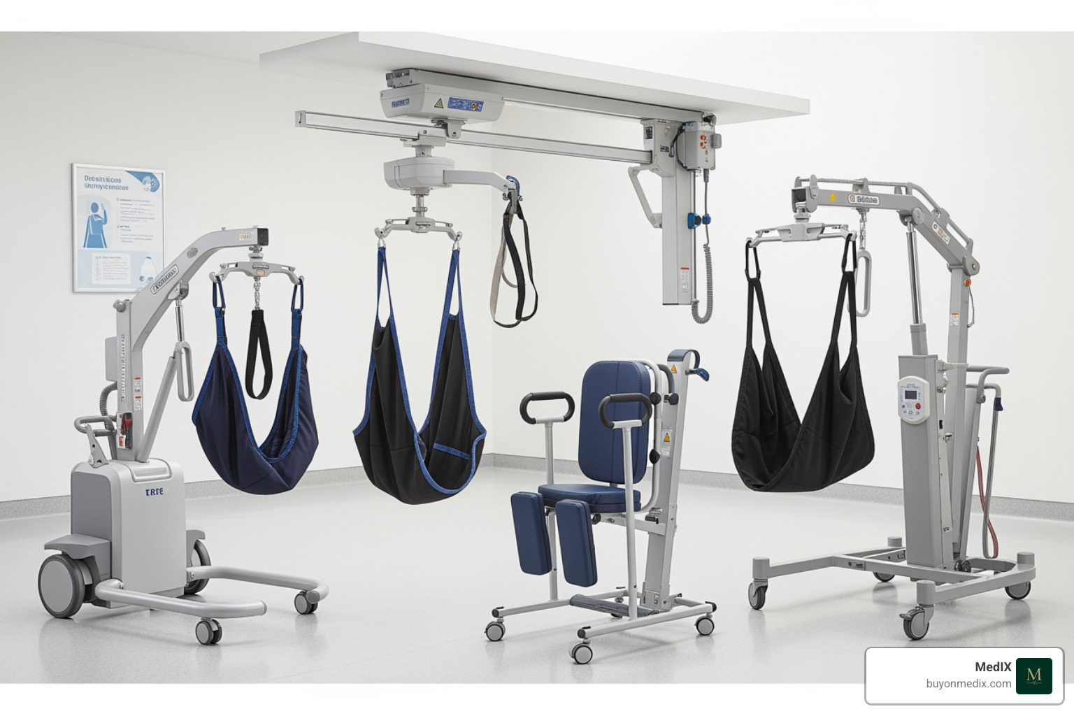 Four different types of patient lifts side-by-side: a mobile floor lift, a ceiling lift on a track, a sit-to-stand lift, and a bariatric lift - patient lift systems