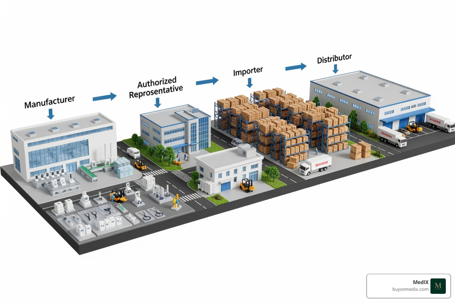 Supply chain illustrating manufacturer, authorized representative, importer, and distributor roles - CE marked devices