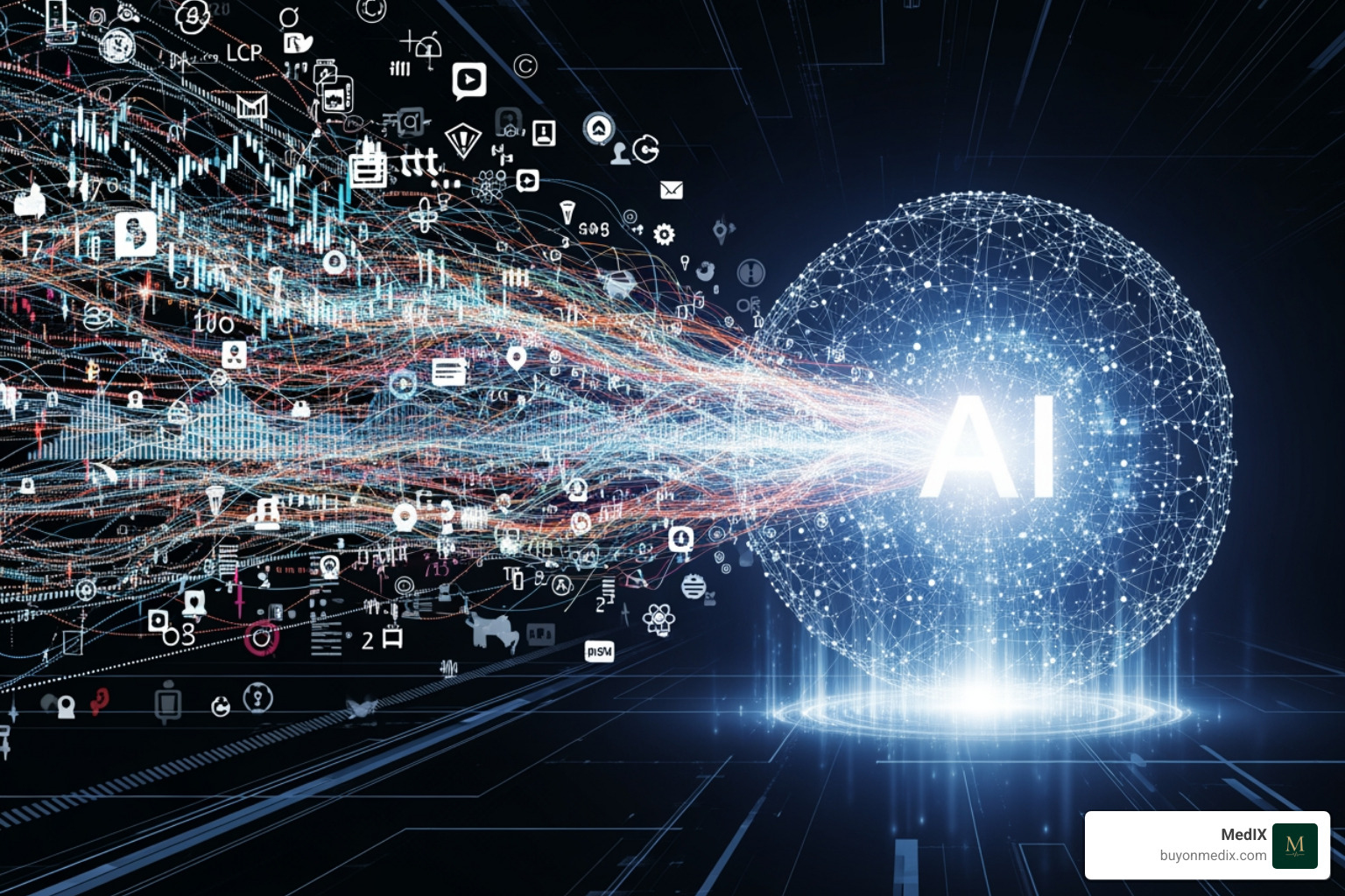 Diverse data inputs like technical specs, user reviews, and maintenance logs flowing into an AI engine - AI Smart Compare of Medical Equipment Diverse data inputs like technical specs, user reviews, and maintenance logs flowing into an AI engine - AI Smart Compare of Medical Equipment