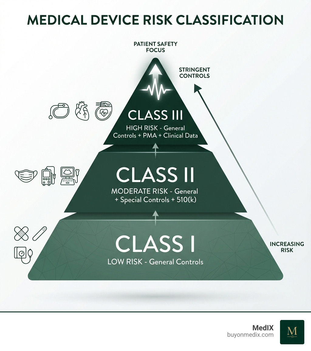 infographic showing a risk pyramid with Class I devices at the wide base labeled 'Low Risk - General Controls', Class II in the middle labeled 'Moderate Risk - General + Special Controls + 510(k)', and Class III at the narrow top labeled 'High Risk - General Controls + PMA + Clinical Data' - classification of medical devices pdf infographic 
