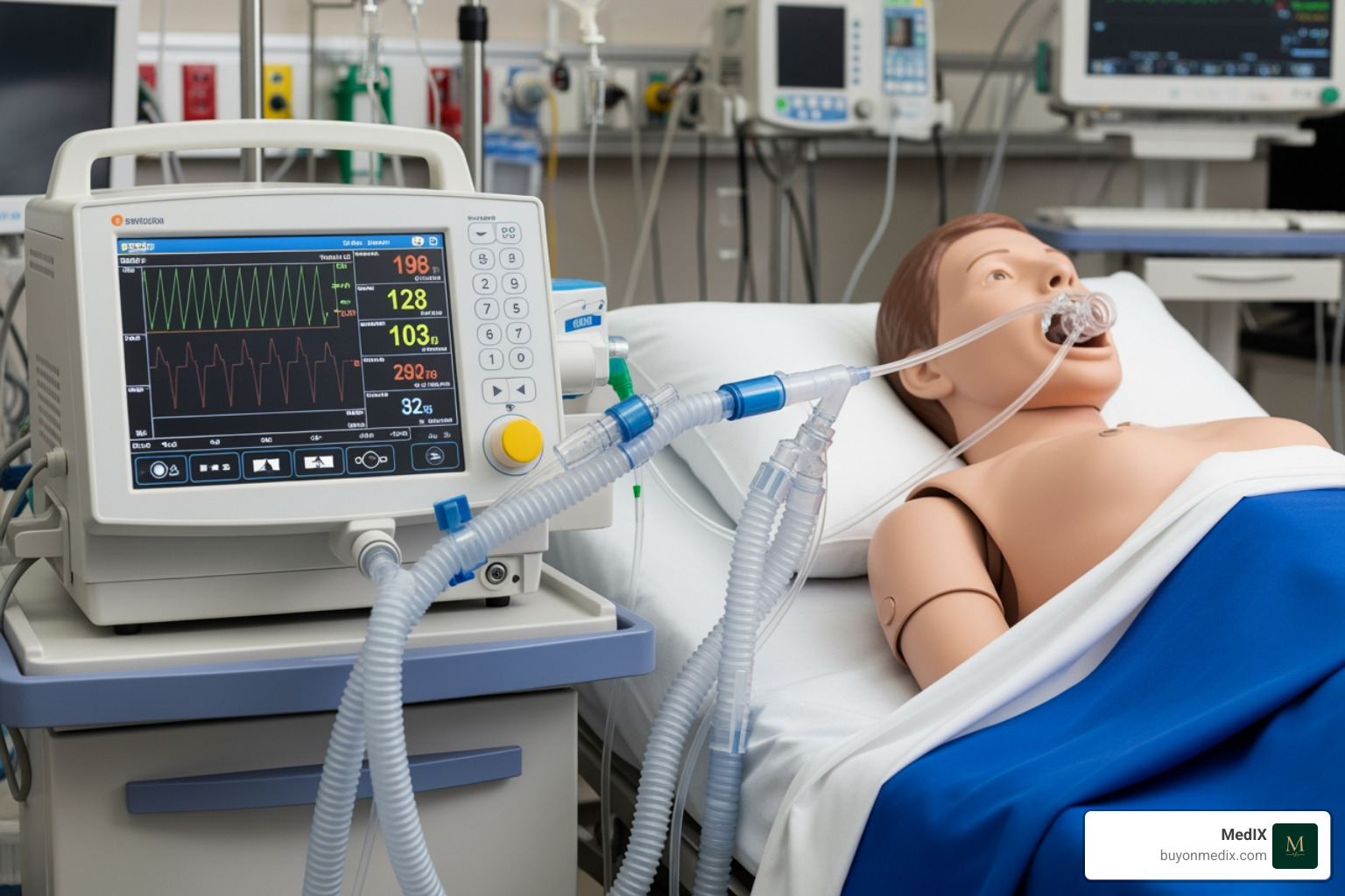 A mechanical ventilator connected to a training mannequin in a simulated ICU setting. - ICU medical equipment