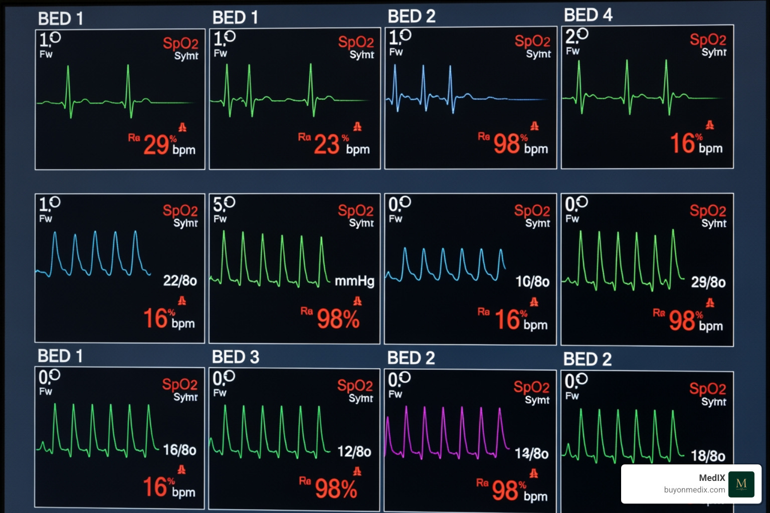 A central monitoring station screen displaying multiple patient vital signs, including ECG, blood pressure, oxygen saturation, and respiratory rate, for several patients. - ICU medical equipment