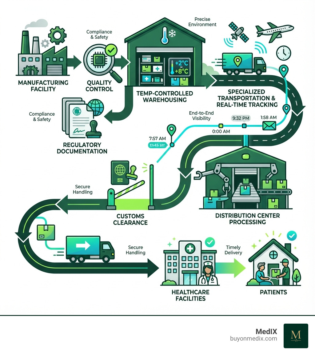 Infographic showing the complete medical device logistics journey from manufacturing facility through quality control, regulatory documentation, temperature-controlled warehousing, specialized transportation with real-time tracking, customs clearance, distribution center processing, and final delivery to healthcare facilities and patients - medical device logistics infographic 