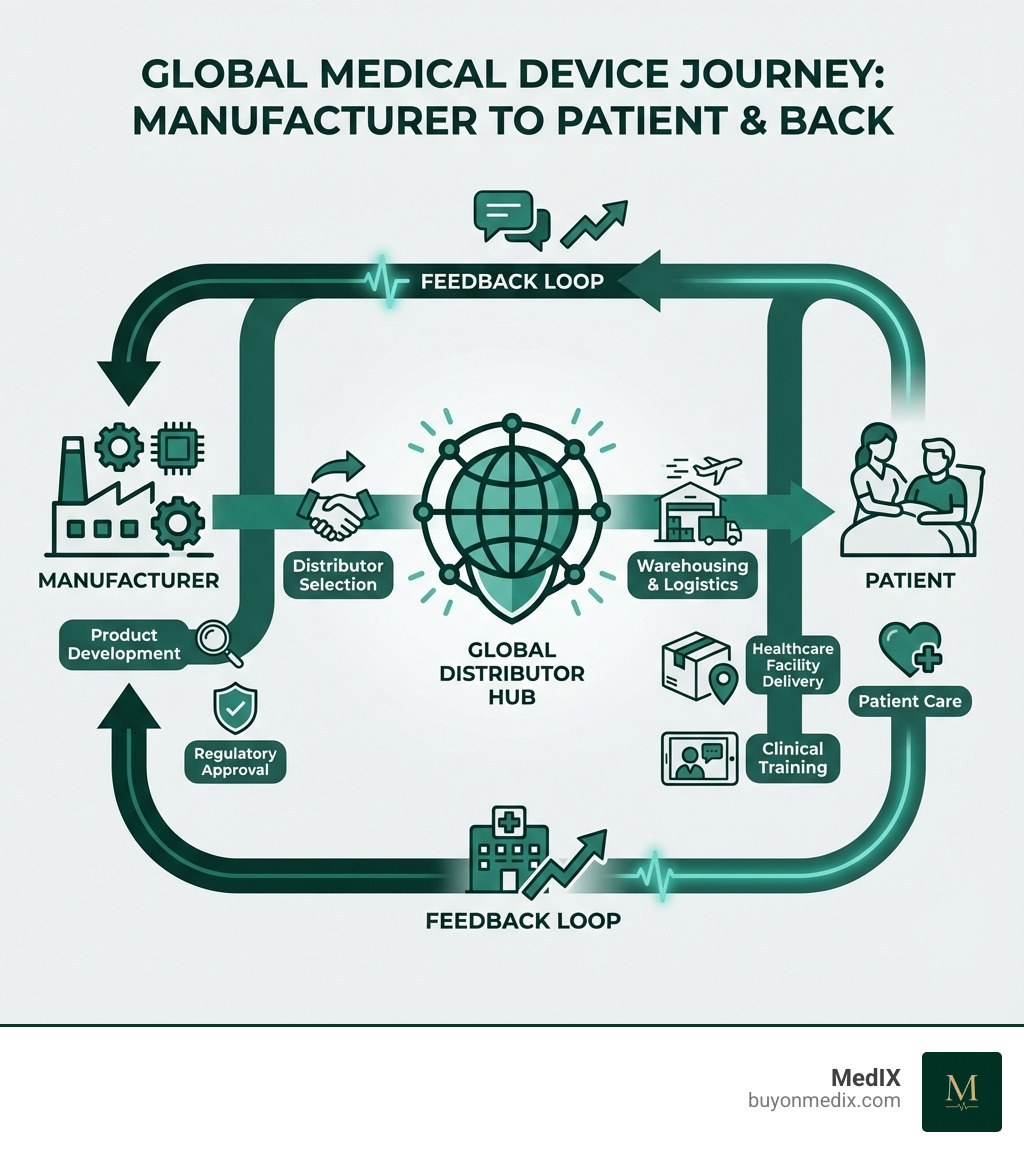 Infographic showing the journey of a medical device from manufacturer through global distributor to healthcare provider and patient, including key steps: product development, regulatory approval, distributor selection, warehousing and logistics, healthcare facility delivery, clinical training, patient care, and feedback loop - Global medical device distributors infographic 