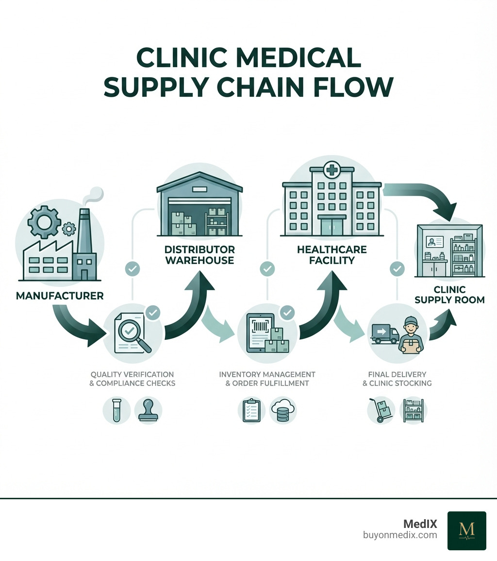 infographic showing the medical supply chain flow from manufacturer through distributor warehouses to healthcare facilities, including key checkpoints for quality verification, compliance checks, inventory management, and final delivery to clinic supply rooms - Clinic medical supply infographic 