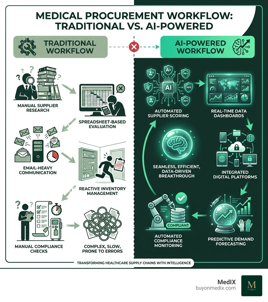 Infographic comparing traditional medical procurement workflow (manual supplier research, spreadsheet-based evaluation, email-heavy communication, reactive inventory management, manual compliance checks) versus AI-powered workflow (automated supplier scoring, real-time data dashboards, integrated digital platforms, predictive demand forecasting, automated compliance monitoring) - AI medical procurement infographic 