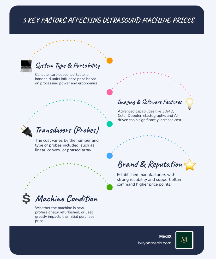 infographic showing five main factors affecting ultrasound machine prices: system type and portability, imaging capabilities and software features, number and type of transducers included, brand and manufacturer reputation, and machine condition such as new versus refurbished versus used - Ultrasound machine price infographic infographic-line-5-steps-blues-accent_colors