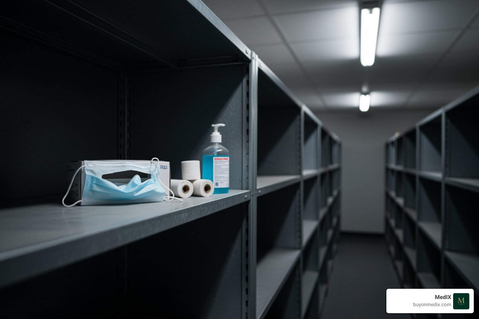 A nearly empty shelf of medical supplies in a hospital storage room, highlighting scarcity. - healthcare supply chain management