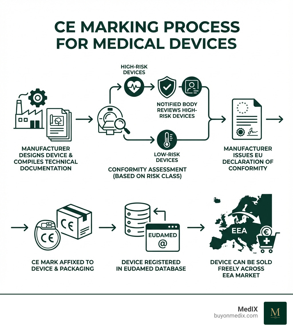 Infographic showing the CE marking process: manufacturer designs device and compiles technical documentation, device undergoes conformity assessment based on risk class, notified body reviews high-risk devices, manufacturer issues EU Declaration of Conformity, CE mark affixed to device and packaging, device registered in EUDAMED database, device can be sold freely across EEA market - CE marked medical devices infographic 