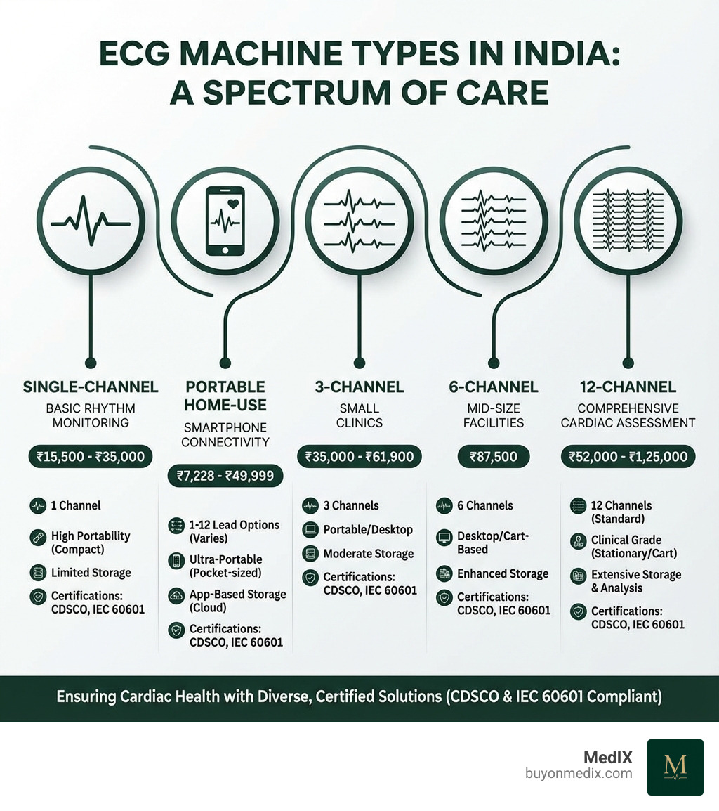 Infographic showing ECG machine types available in India: Single-channel devices for basic rhythm monitoring (₹15,500-₹35,000), 3-channel machines for small clinics (₹35,000-₹61,900), 6-channel systems for mid-size facilities (₹87,500), 12-channel ECGs for comprehensive cardiac assessment (₹52,000-₹1,25,000), and portable home-use devices with smartphone connectivity (₹7,228-₹49,999). Each type shows typical features like channel count, portability, storage capacity, and key certifications like CDSCO and IEC 60601. - ECG machine India infographic 