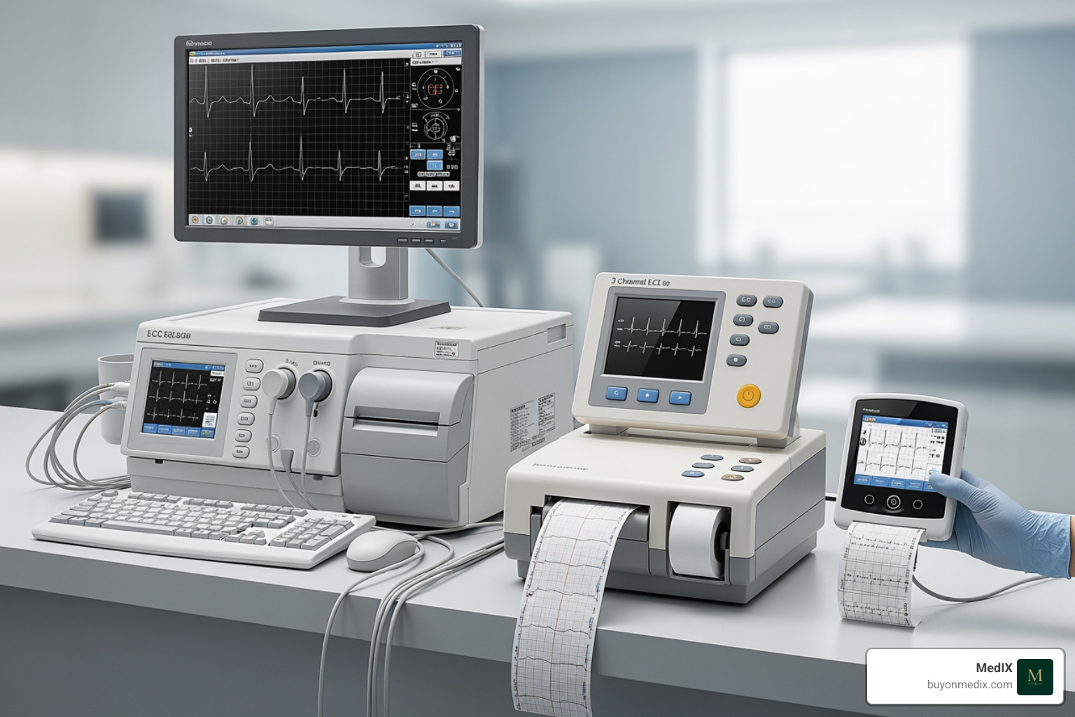 Image of three different types of ECG machines: a large hospital cart, a tabletop 3-channel, and a handheld portable device - ECG machine India