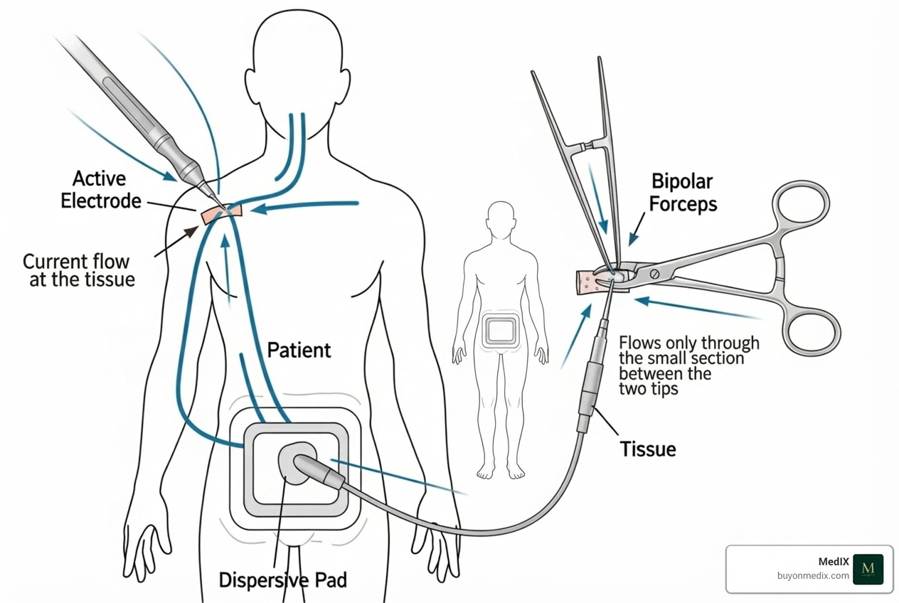 illustrating the current path in a monopolar vs. a bipolar system - Electrosurgical unit for sale