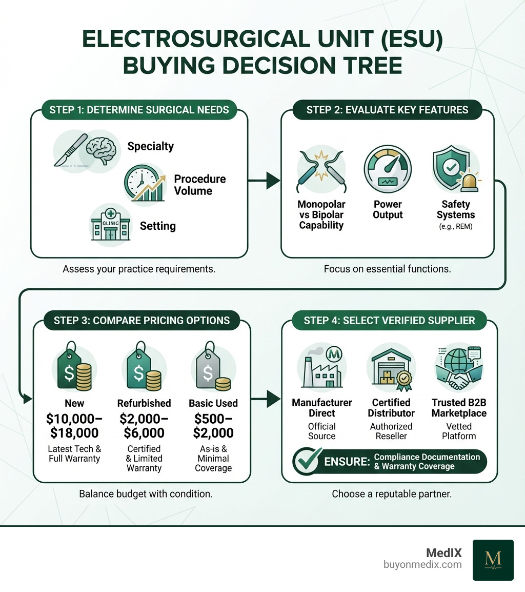 Infographic showing the electrosurgical unit buying decision tree: starting with determining your surgical needs (specialty, procedure volume, setting), then evaluating key features (monopolar vs bipolar capability, power output, safety systems), comparing pricing options (new $10,000-$18,000, refurbished $2,000-$6,000, basic used $500-$2,000), and finally selecting a verified supplier through manufacturer direct, certified distributor, or trusted B2B marketplace with compliance documentation and warranty coverage - Electrosurgical unit for sale infographic 