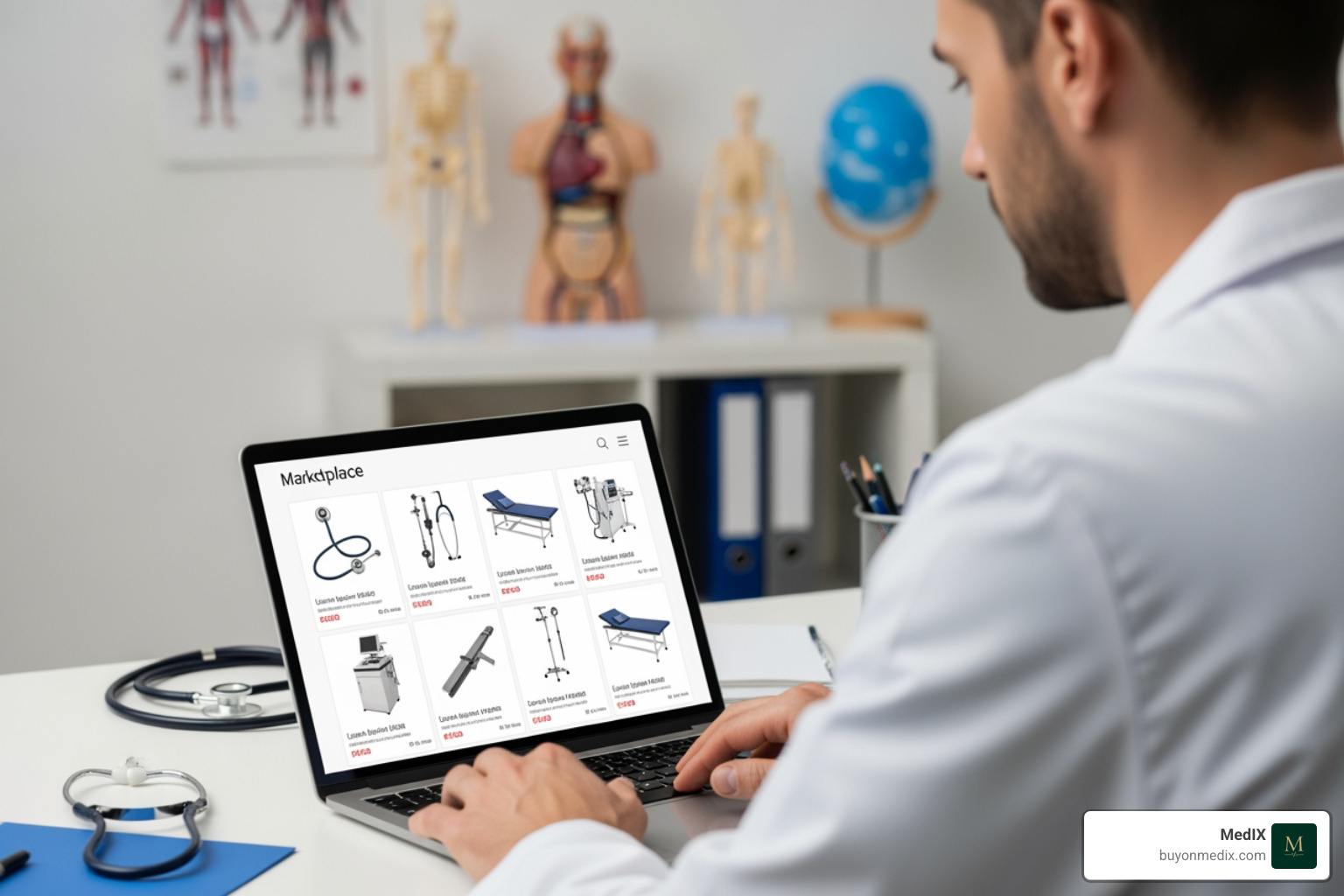 Healthcare professional browsing an online medical equipment marketplace - medical equipment price comparison