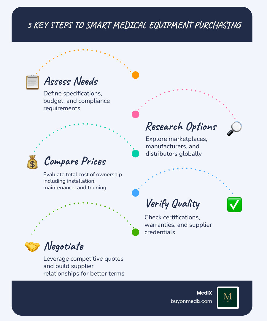 Infographic showing the 5 key steps to smart medical equipment purchasing: Step 1 - Assess Needs (define specifications, budget, and compliance requirements), Step 2 - Research Options (explore marketplaces, manufacturers, and distributors globally), Step 3 - Compare Prices (evaluate total cost of ownership including installation, maintenance, and training), Step 4 - Verify Quality (check certifications, warranties, and supplier credentials), Step 5 - Negotiate (leverage competitive quotes and build supplier relationships for better terms) - medical equipment price comparison infographic infographic-line-5-steps-blues-accent_colors
