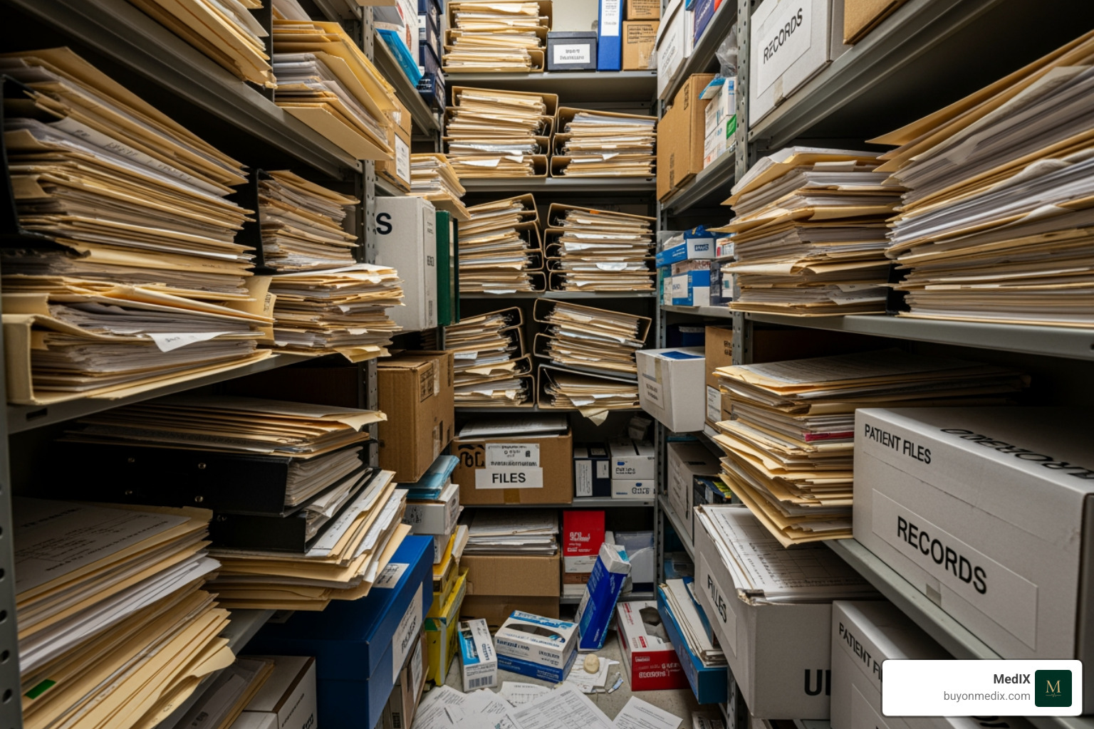 cluttered hospital supply closet with paper records - hospital procurement platform