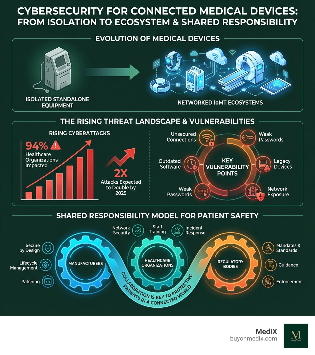 infographic showing the growth of connected medical devices from isolated standalone equipment to networked IoMT ecosystems, with statistics on rising cyberattacks, key vulnerability points, and the shared responsibility model between manufacturers, healthcare organizations, and regulatory bodies - Cybersecurity medical devices infographic 