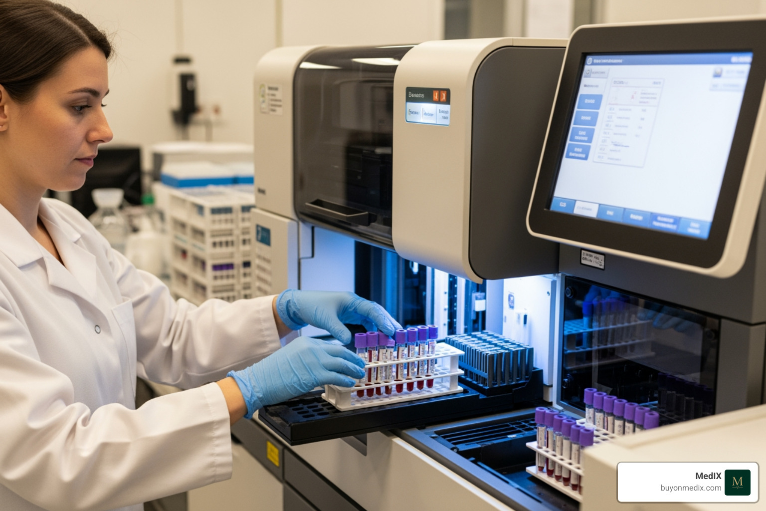 lab technician loading samples - Clinical chemistry analyzers lab technician loading samples - Clinical chemistry analyzers