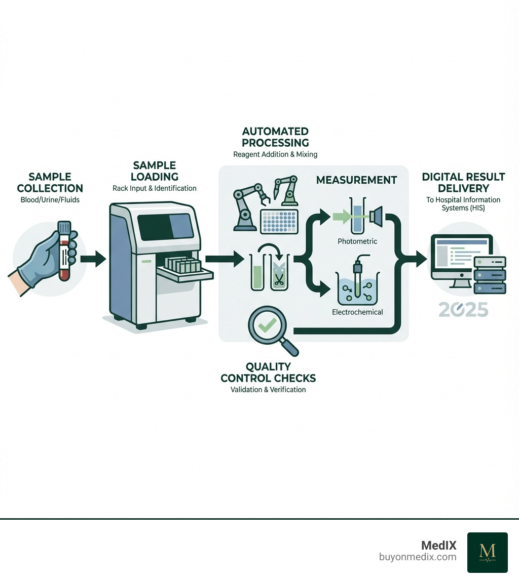 infographic showing the clinical chemistry analyzer workflow from sample collection through analysis to result delivery, including key steps: sample loading, automated processing, photometric/electrochemical measurement, quality control checks, and digital result transmission to hospital information systems - Clinical chemistry analyzers infographic infographic showing the clinical chemistry analyzer workflow from sample collection through analysis to result delivery, including key steps: sample loading, automated processing, photometric/electrochemical measurement, quality control checks, and digital result transmission to hospital information systems - Clinical chemistry analyzers infographic