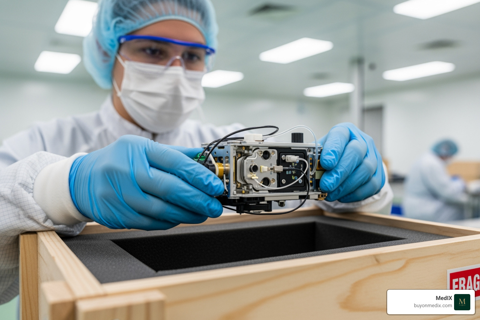 technician carefully packing a sensitive medical device in a custom crate - medical equipment logistics