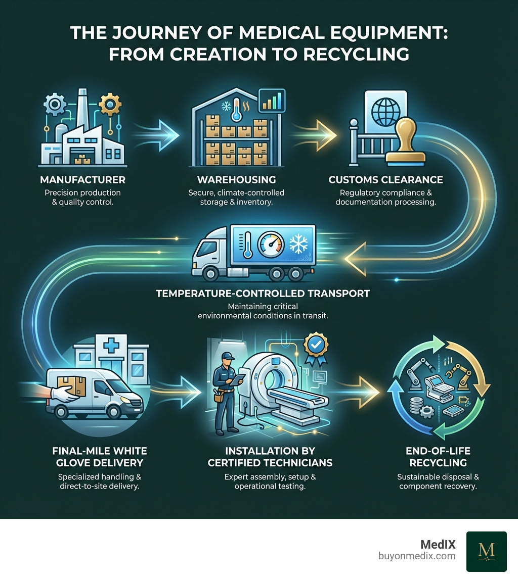 Infographic showing the journey of medical equipment from manufacturer through warehousing, customs clearance, temperature-controlled transport, final-mile white glove delivery, installation by certified technicians, and eventual end-of-life recycling - medical equipment logistics infographic 