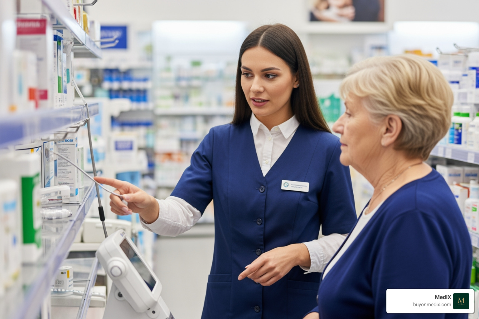 knowledgeable staff member assisting a customer - medical equipment supply store knowledgeable staff member assisting a customer - medical equipment supply store