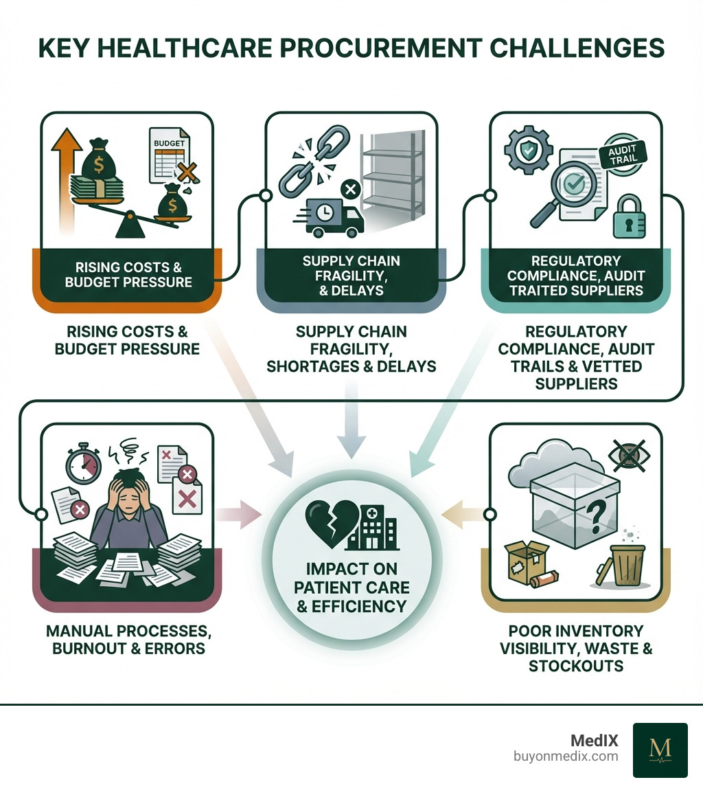 infographic showing key healthcare procurement challenges: rising costs putting pressure on budgets, supply chain fragility causing shortages and delays, regulatory compliance requiring automated audit trails and vetted suppliers, manual processes leading to staff burnout and errors, and poor inventory visibility creating waste and stockouts - healthcare procurement solutions infographic 