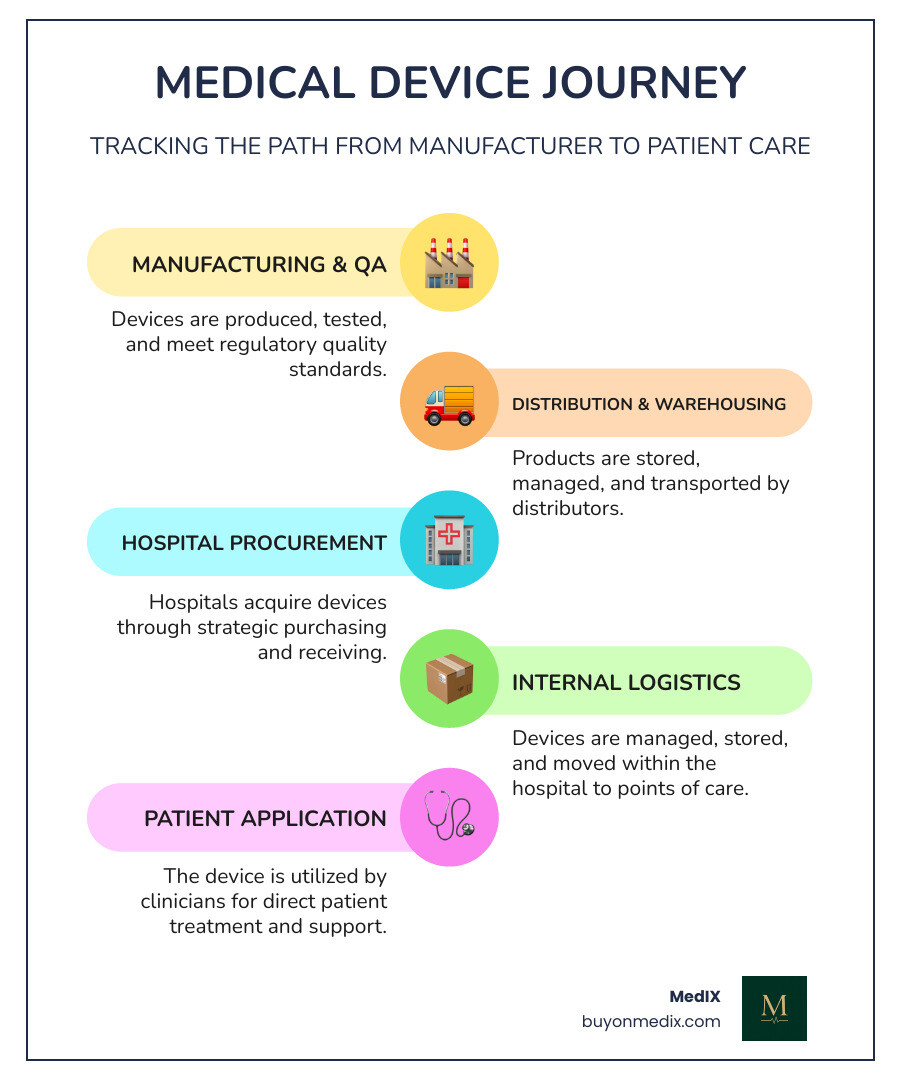 Infographic showing the complete journey of a medical device from raw material sourcing through manufacturing, quality control, distributor warehousing, hospital receiving, internal distribution, point of use scanning, patient care delivery, and data feedback loop back to manufacturers for demand planning - hospital supply chain management infographic infographic-line-5-steps-colors