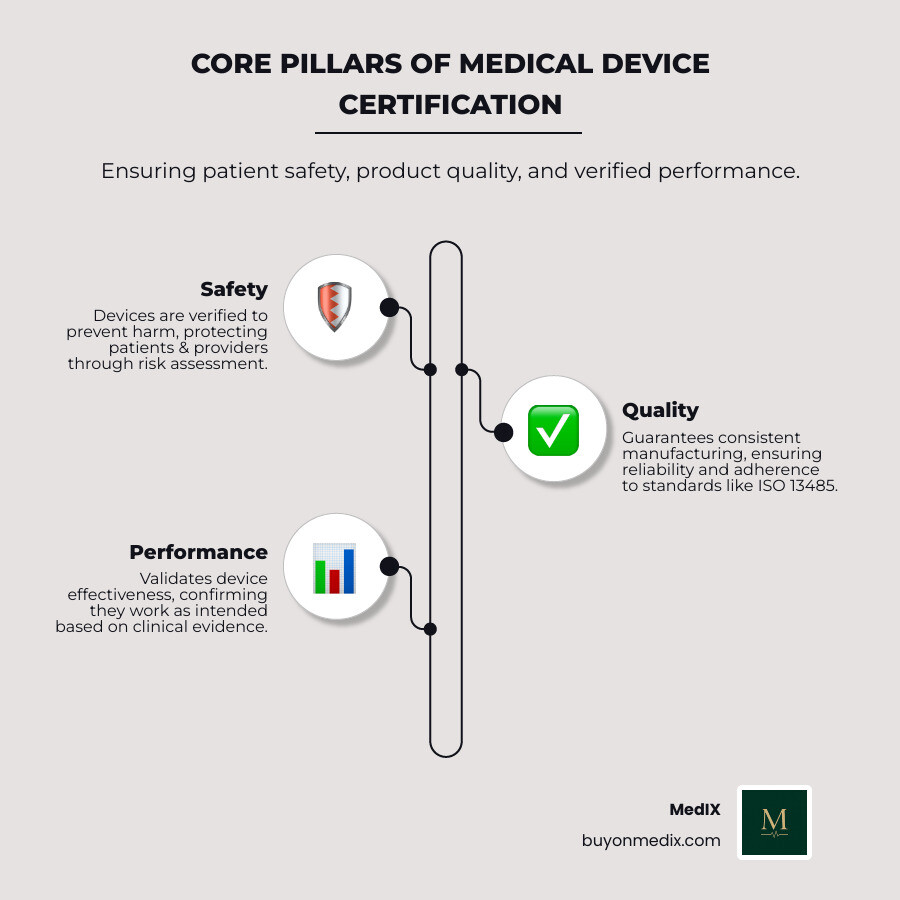 Infographic showing three pillars of medical device certification: Safety pillar with shield icon showing patient protection and risk assessment; Quality pillar with checkmark icon showing ISO 13485 compliance and manufacturing controls; Performance pillar with gauge icon showing clinical evidence and effectiveness validation - Medical device certification infographic infographic-line-3-steps-elegant_beige
