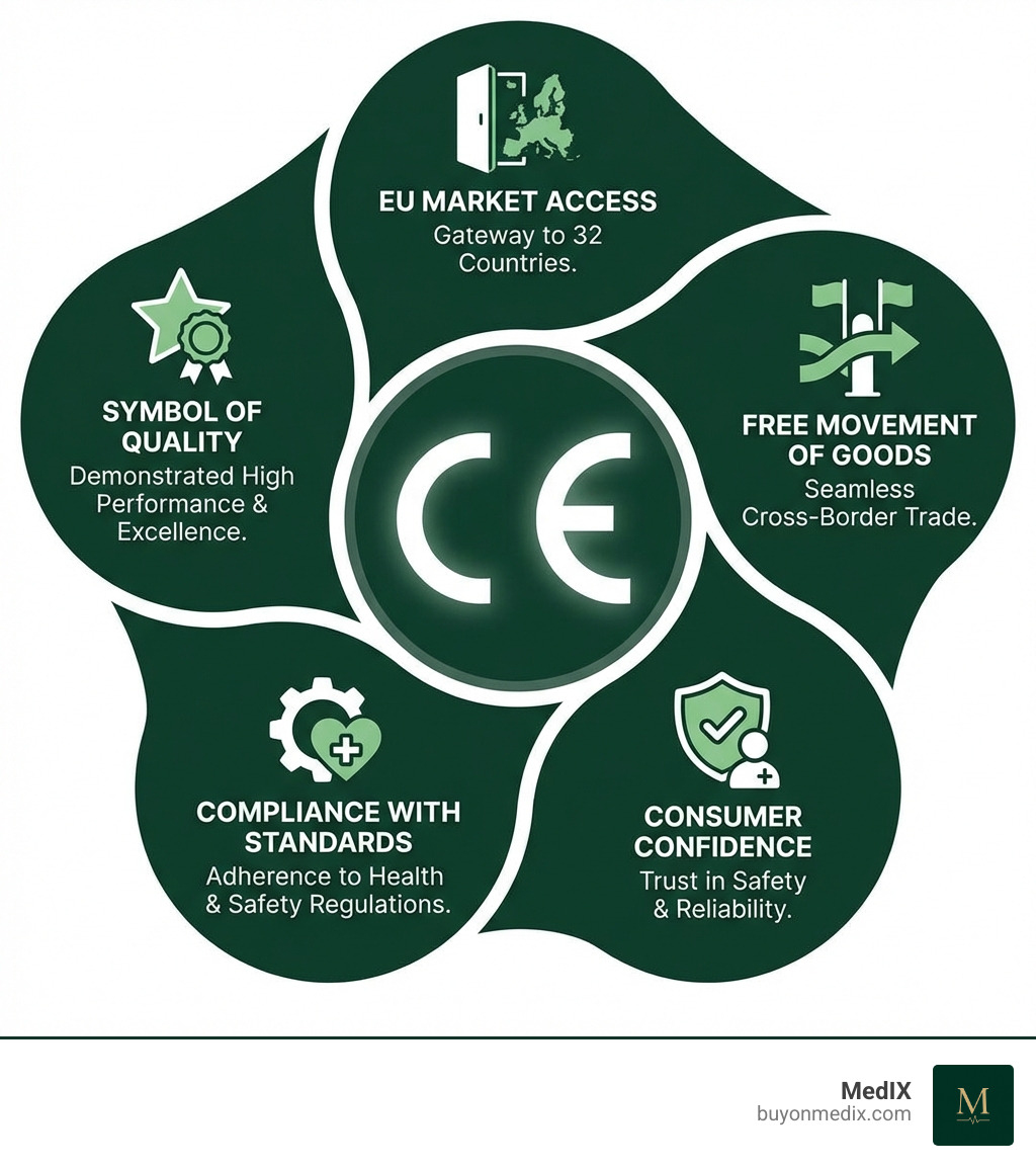 Infographic detailing the five key benefits of CE marking for medical devices, including EU market access, free movement of goods, consumer confidence, compliance with safety and health standards, and a symbol of quality. - ce certified medical device infographic 