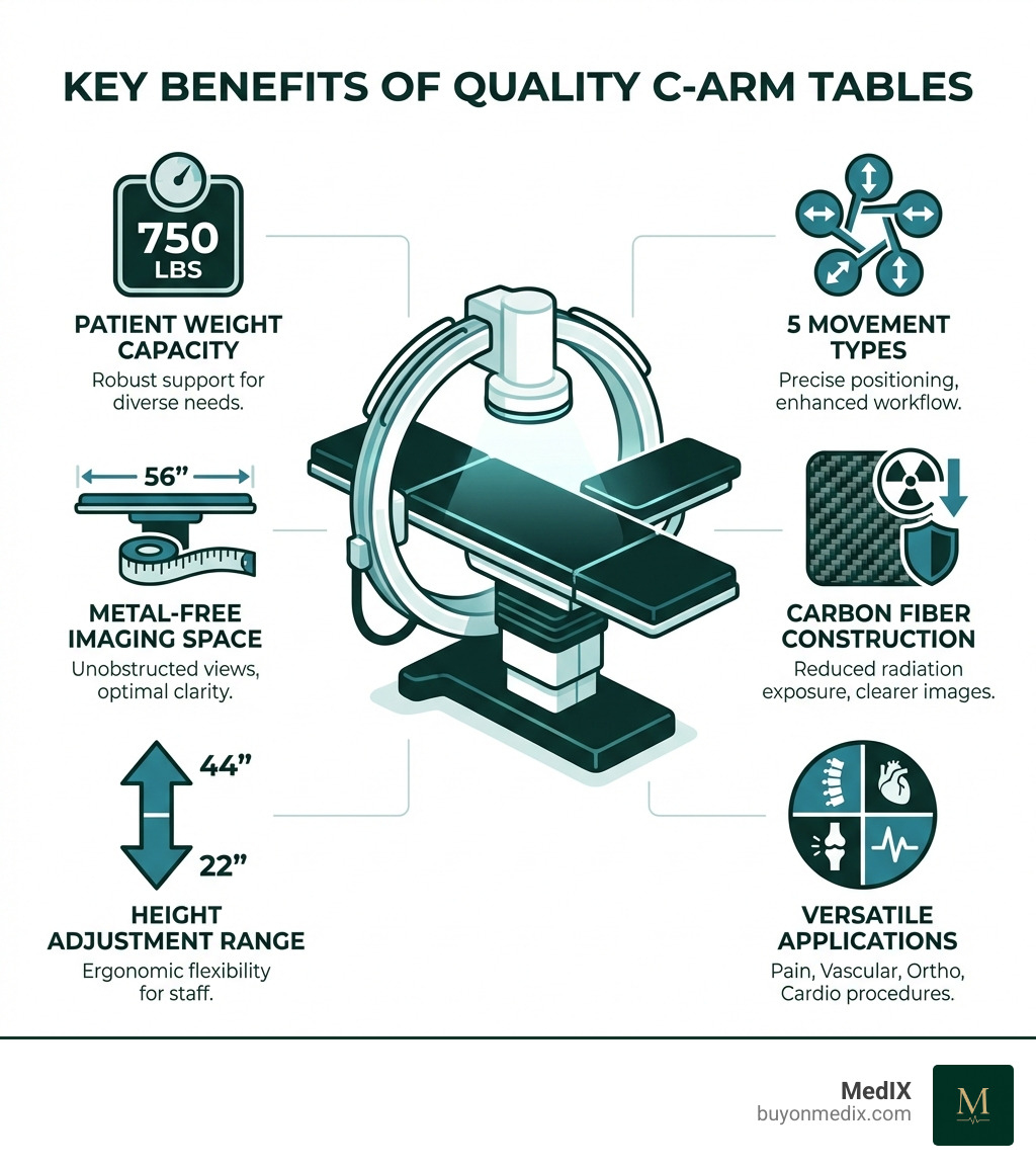 infographic showing key benefits of quality c-arm tables including patient weight capacity up to 750 lbs, metal-free imaging space up to 56 inches, height adjustment ranges from 22-44 inches, 5 movement types for precise positioning, carbon fiber construction for reduced radiation, and applications across pain management, vascular, orthopedic, and cardiovascular procedures - c arm tables for sale infographic 