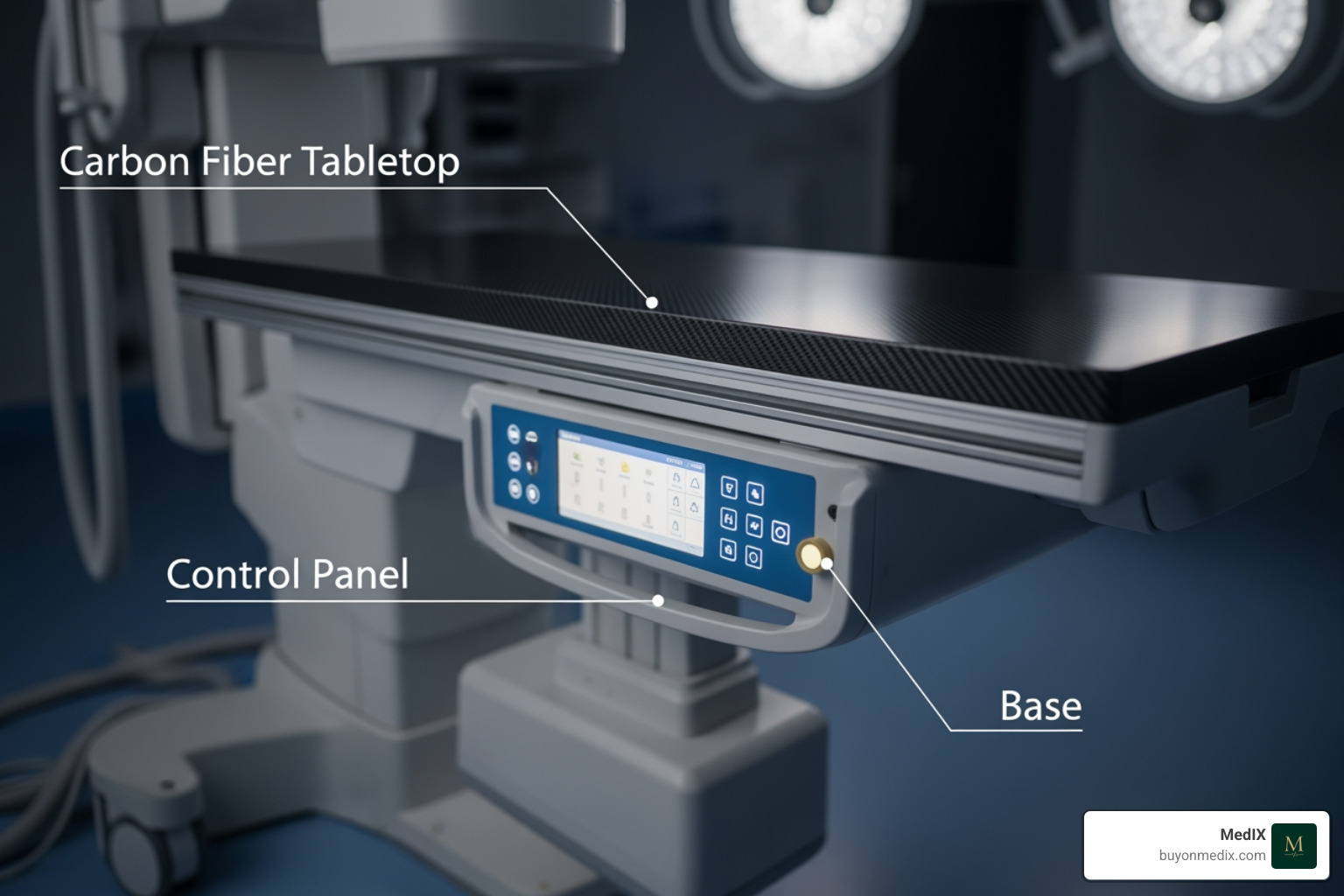 c-arm table with callouts pointing to key features like the carbon fiber top, controls, and base - c arm tables for sale