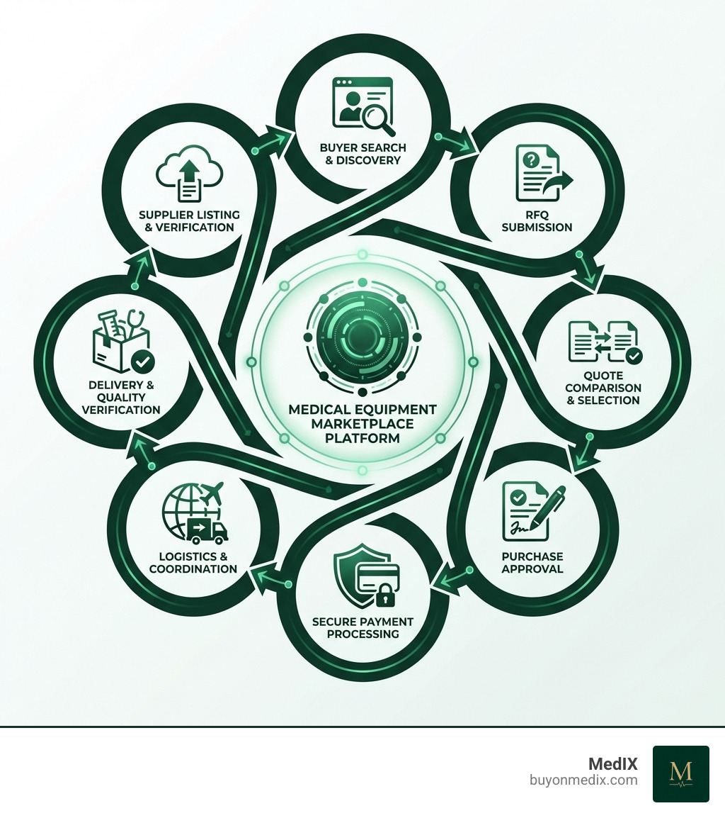 infographic showing the medical equipment marketplace process flow from supplier listing and buyer search through RFQ submission, quote comparison, purchase approval, secure payment, logistics coordination, and final equipment delivery with quality verification - medical equipment marketplace infographic 