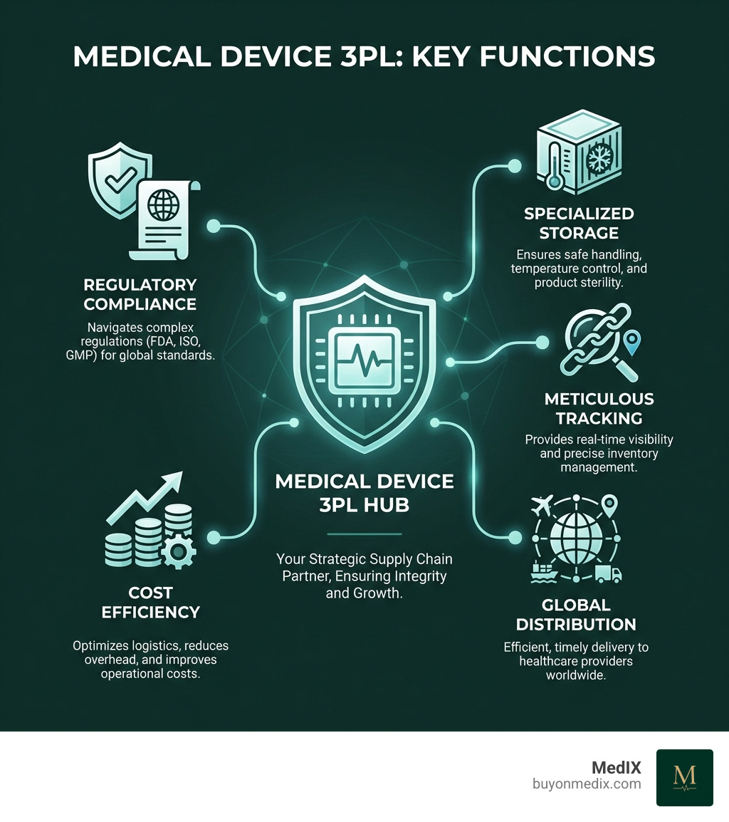 Infographic showing key functions of a medical device 3PL: regulatory compliance, specialized storage, meticulous tracking, global distribution, and cost efficiency - medical device 3pl infographic 