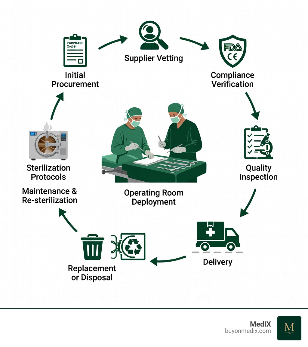 infographic showing the complete lifecycle of surgical instrument sets from initial procurement through supplier vetting and compliance verification, to delivery and quality inspection, followed by sterilization protocols and operating room deployment, with arrows indicating the cyclical nature of maintenance, re-sterilization, and eventual replacement or disposal - Surgical instrument sets infographic infographic showing the complete lifecycle of surgical instrument sets from initial procurement through supplier vetting and compliance verification, to delivery and quality inspection, followed by sterilization protocols and operating room deployment, with arrows indicating the cyclical nature of maintenance, re-sterilization, and eventual replacement or disposal - Surgical instrument sets infographic