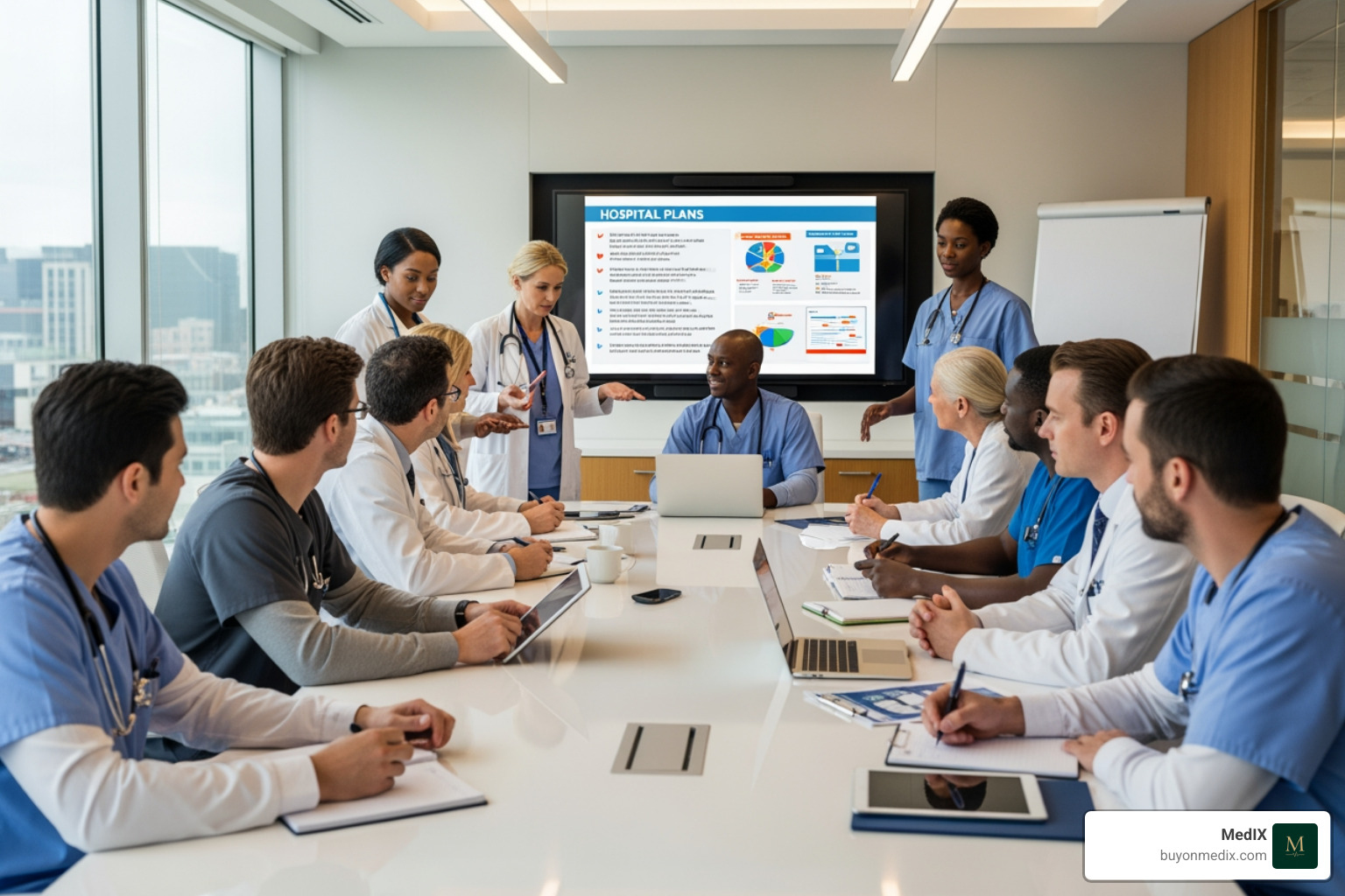 A multidisciplinary team (clinicians, administrators, IT) in a meeting room - hospital equipment procurement