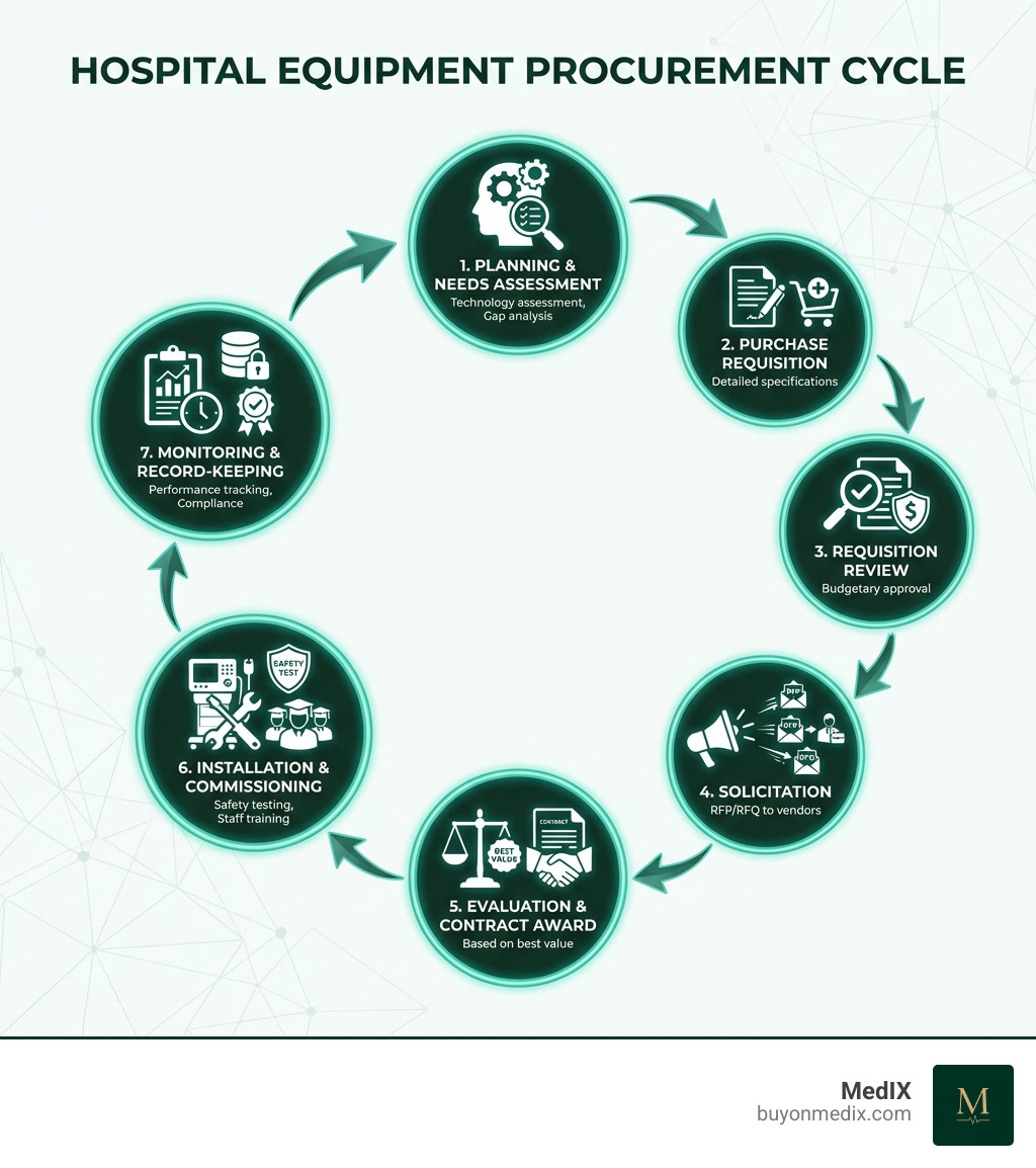 Infographic showing the 7 key stages of hospital equipment procurement: 1. Planning & Needs Assessment with technology assessment and gap analysis, 2. Purchase Requisition with detailed specifications, 3. Requisition Review and budgetary approval, 4. Solicitation with RFP/RFQ to vendors, 5. Evaluation & Contract Award based on best value, 6. Installation & Commissioning with safety testing and staff training, 7. Monitoring & Record-Keeping for performance tracking and compliance - hospital equipment procurement infographic 