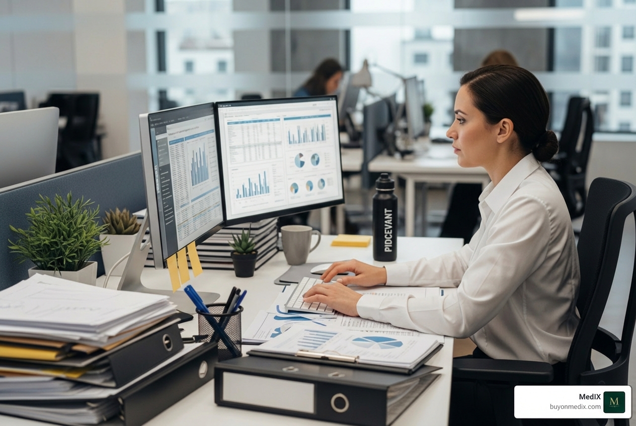 A procurement manager reviewing documents on a computer - hospital equipment procurement