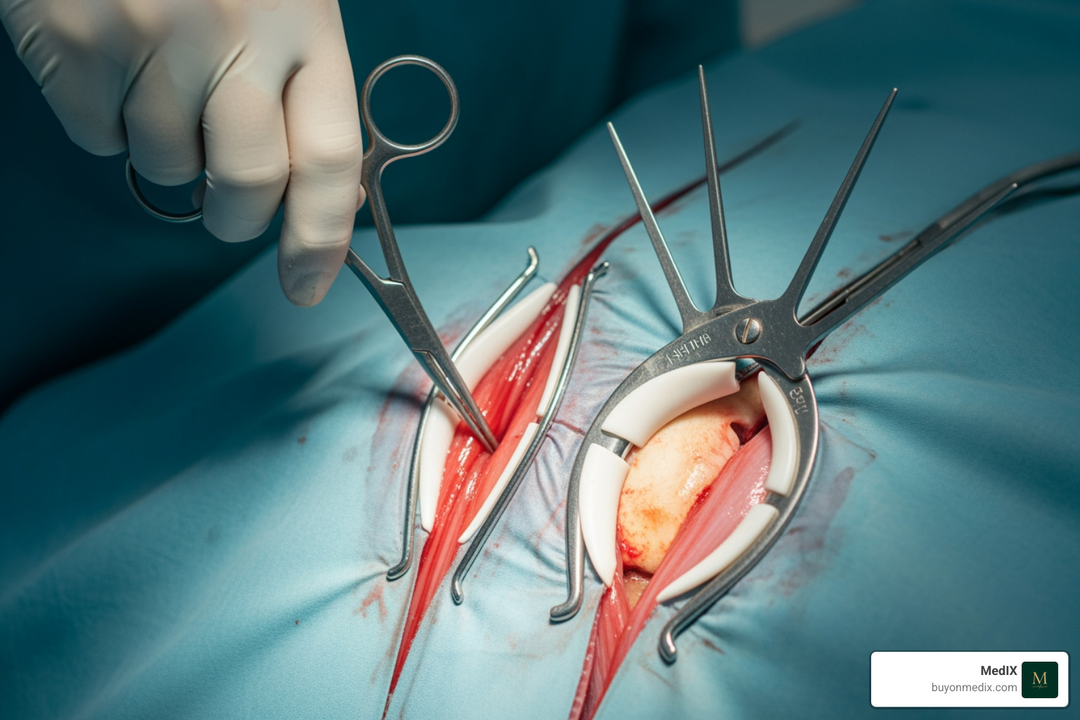 hand-held and a self-retaining retractor in use - orthopedic surgical instruments
