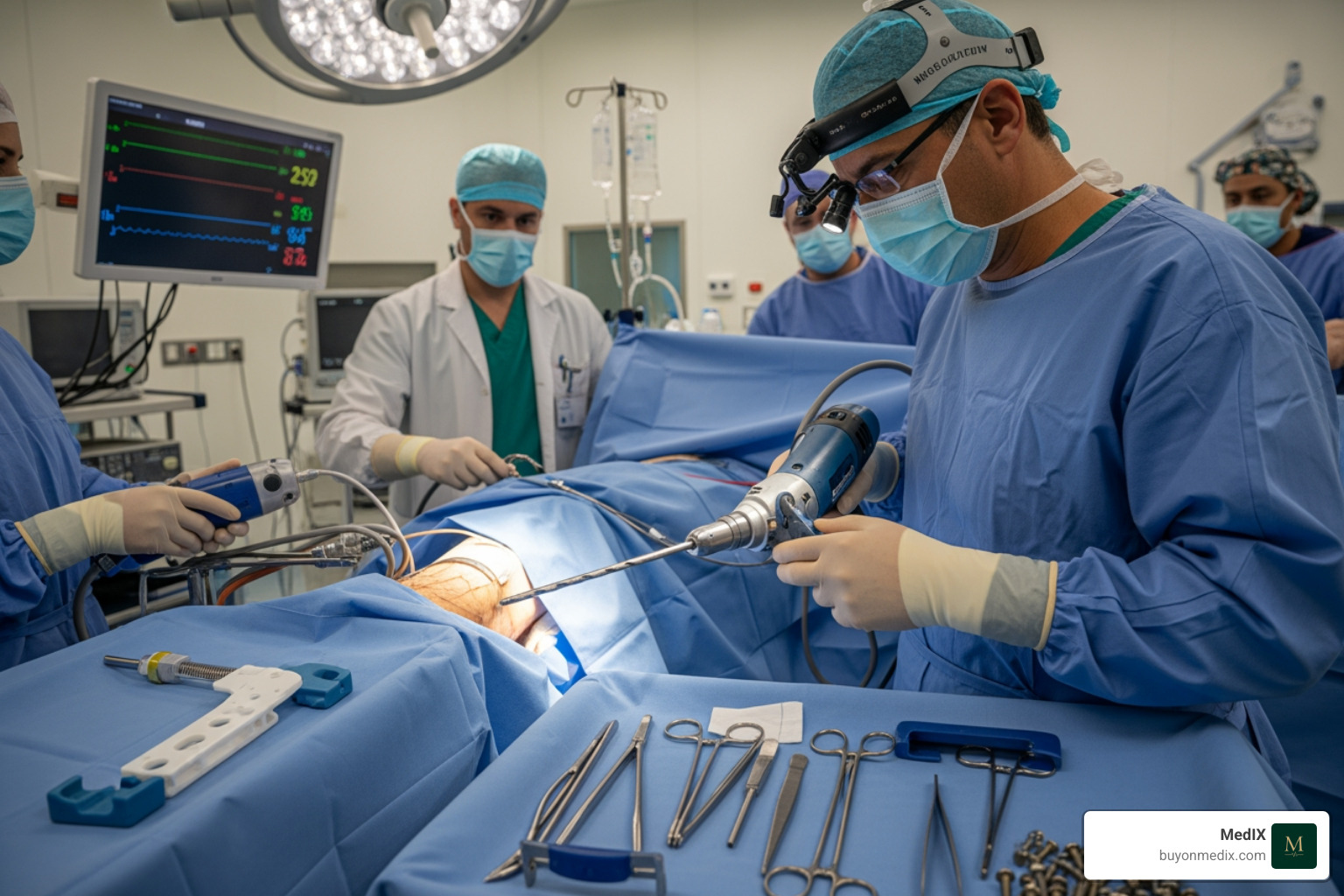 surgeon using a power drill in an orthopedic procedure - orthopedic surgical instruments