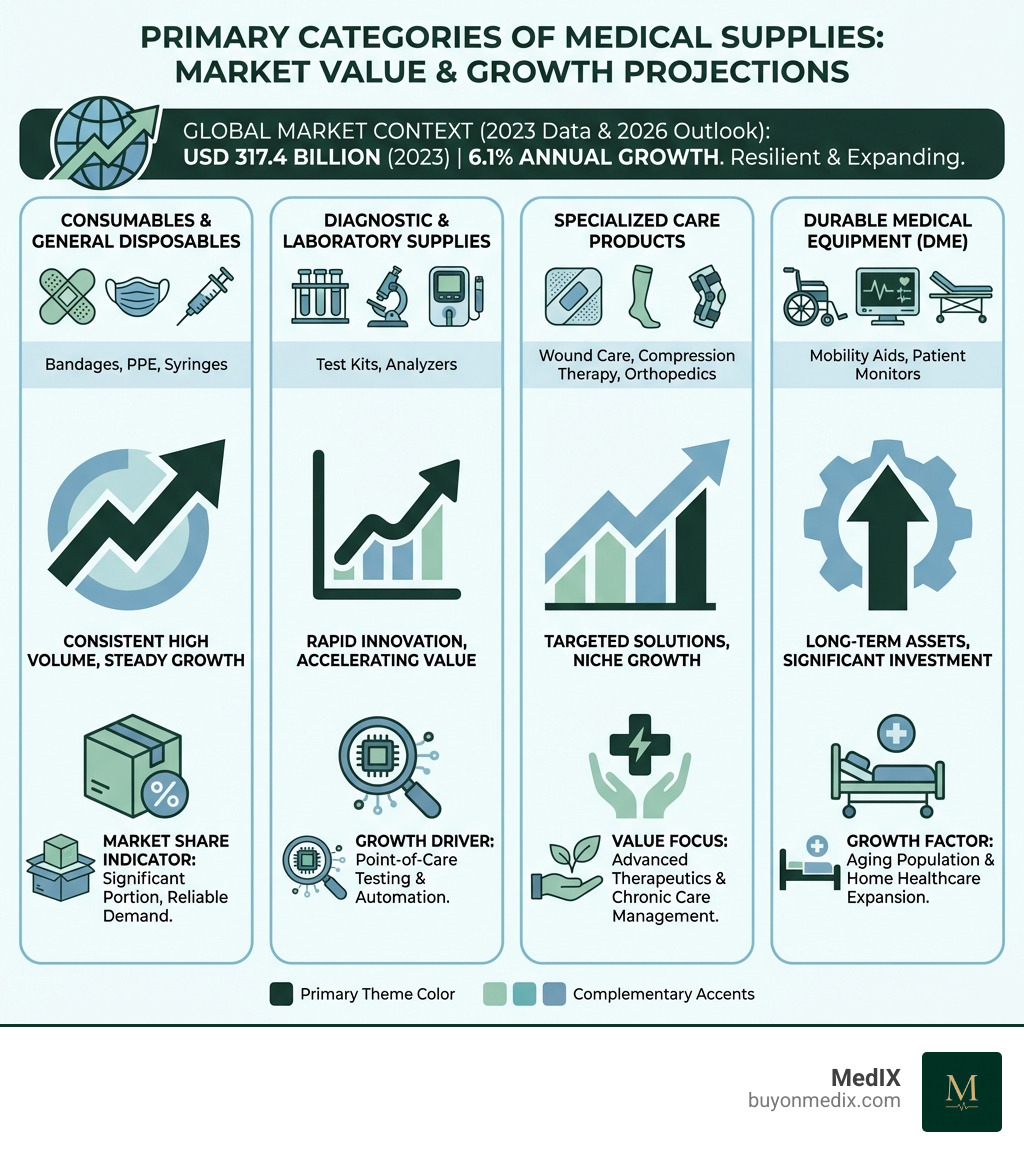 Infographic showing the primary categories of medical supplies: Consumables and General Disposables (bandages, PPE, syringes), Diagnostic and Laboratory Supplies (test kits, analyzers), Specialized Care Products (wound care, compression therapy, orthopedics), and Durable Medical Equipment (mobility aids, patient monitors), with their respective market values and growth projections - medical supplies for healthcare professionals infographic 